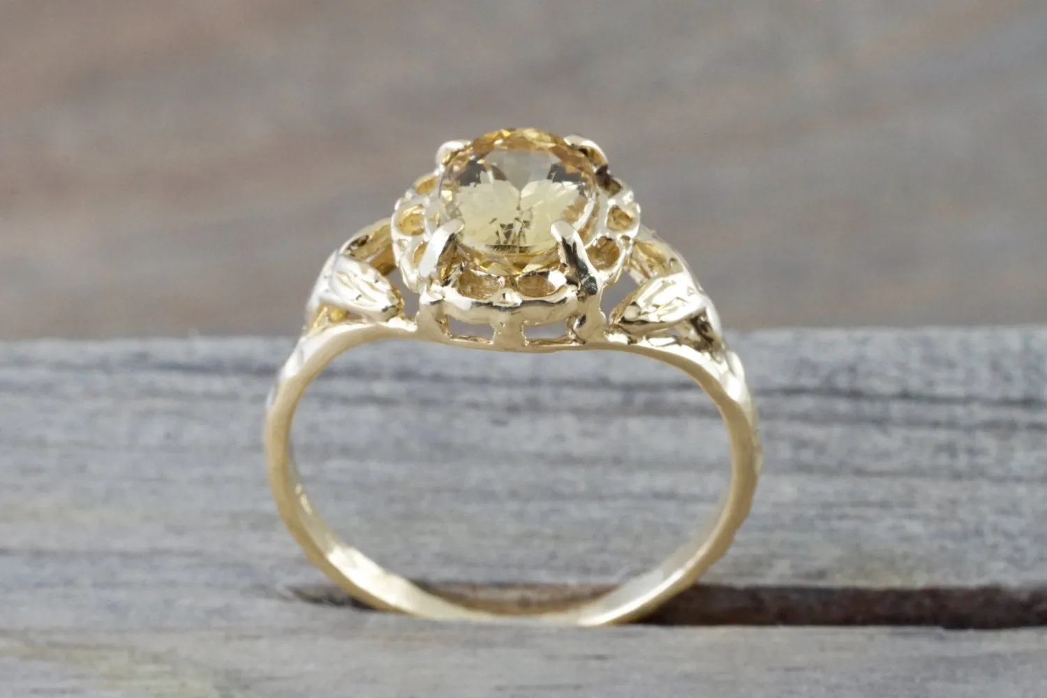 14k Yellow Gold Topaz Vintage Engagement Ring - Art Deco Design - Anniversary Promise Ring