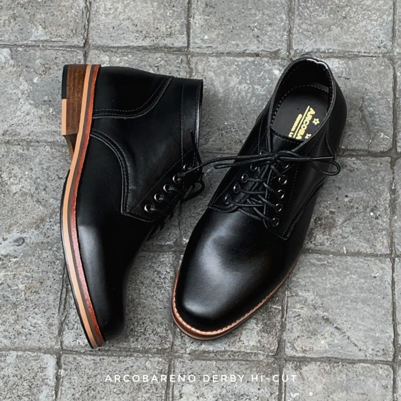 446 Derby High-Cut Matt Black Wooden Soles - Google SEO friendly rewrite: Black High-Cut Derby Shoes with Matt Finish and Wooden