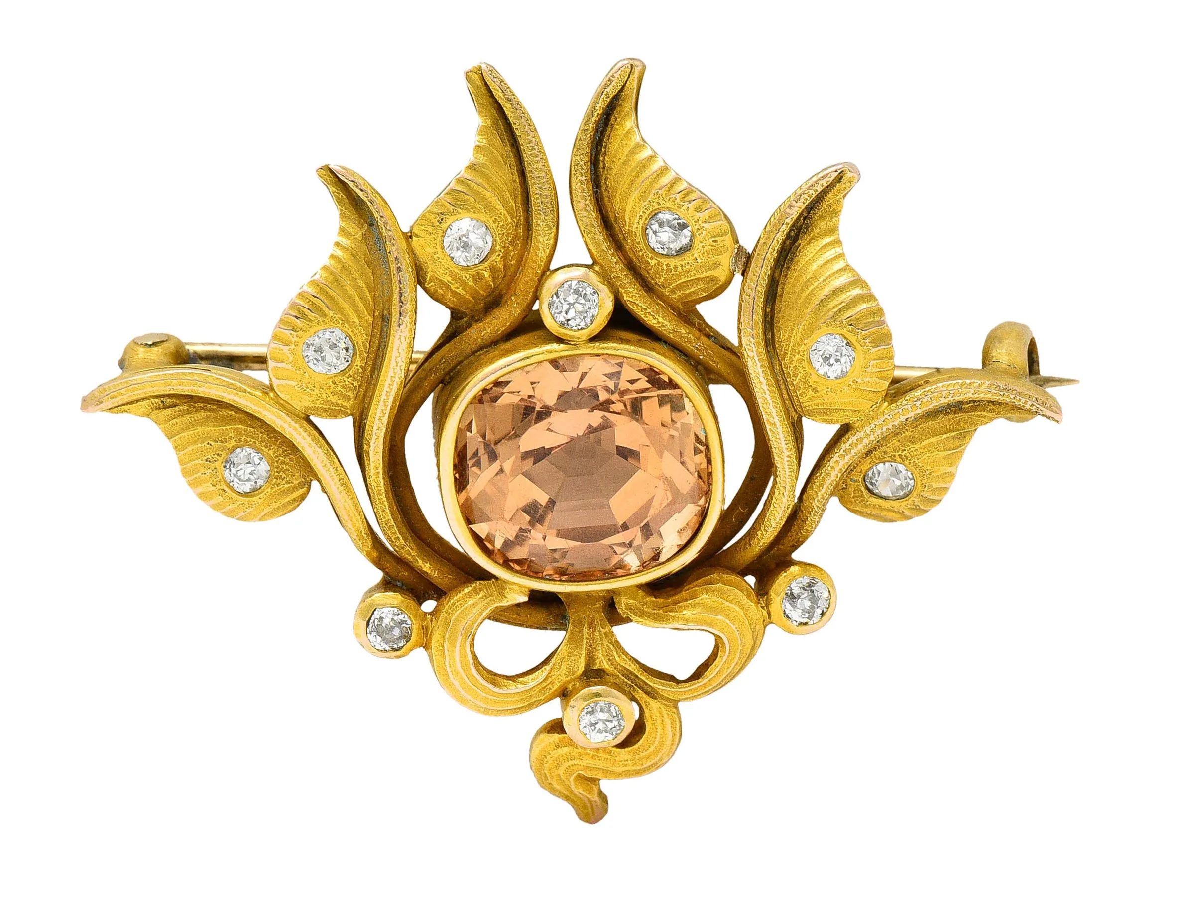 5.05 CTW Imperial Topaz Diamond Brooch in 14 Karat Gold - Art Nouveau