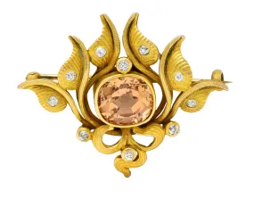 5.05 CTW Imperial Topaz Diamond Brooch in 14 Karat Gold - Art Nouveau