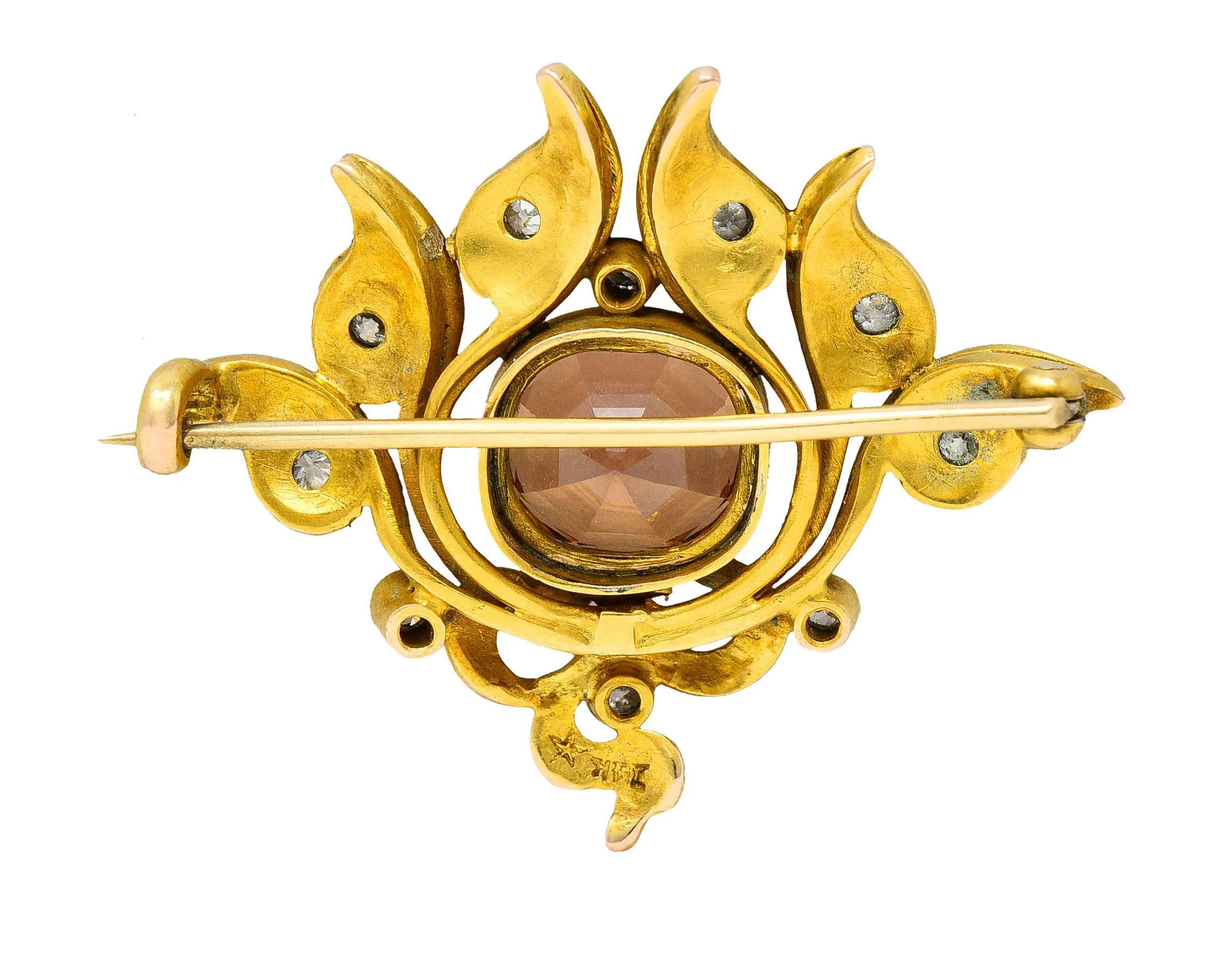 5.05 CTW Imperial Topaz Diamond Brooch in 14 Karat Gold - Art Nouveau