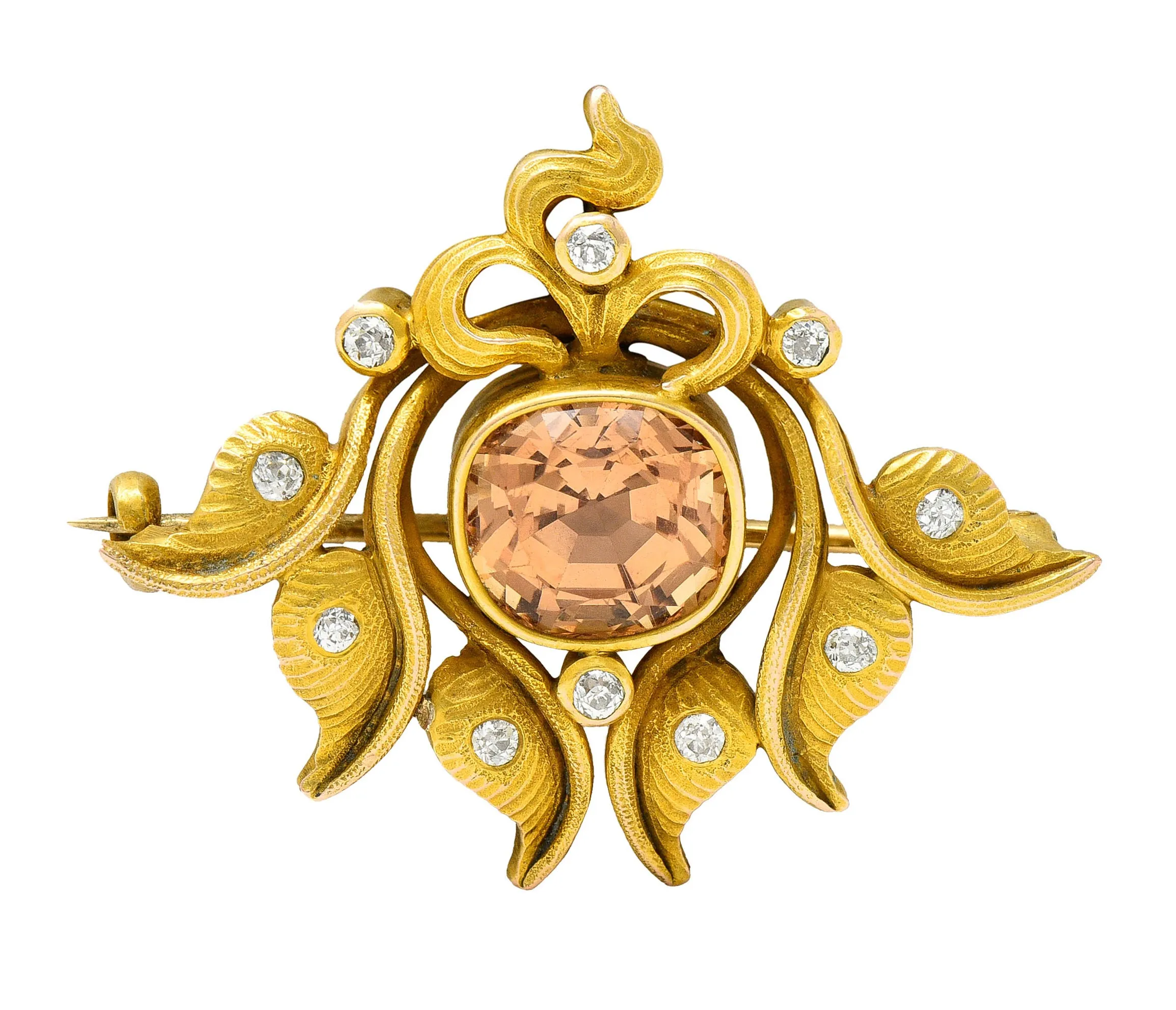 5.05 CTW Imperial Topaz Diamond Brooch in 14 Karat Gold - Art Nouveau