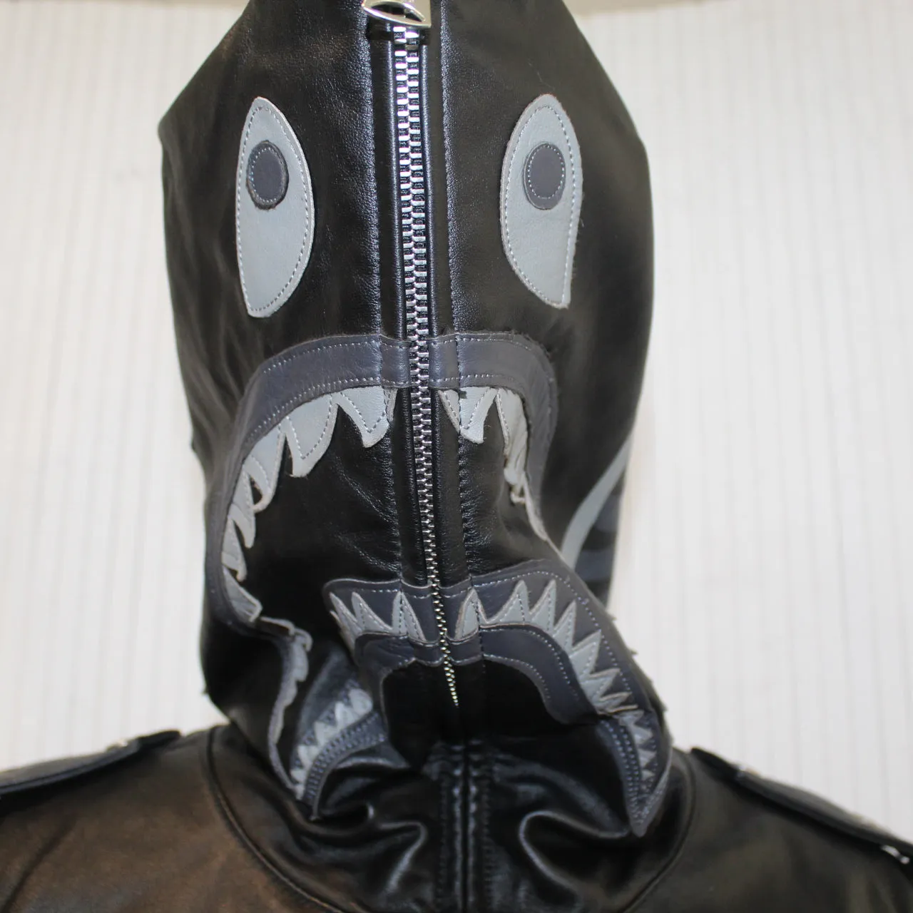 A Bathing Ape Keith Flint Black Leather Shark Hood Jacket Medium