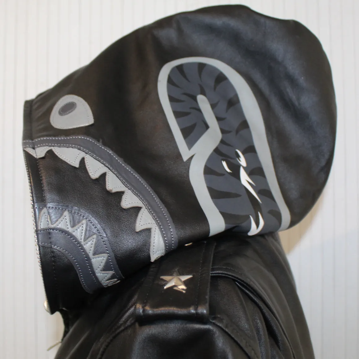 A Bathing Ape Keith Flint Black Leather Shark Hood Jacket Medium