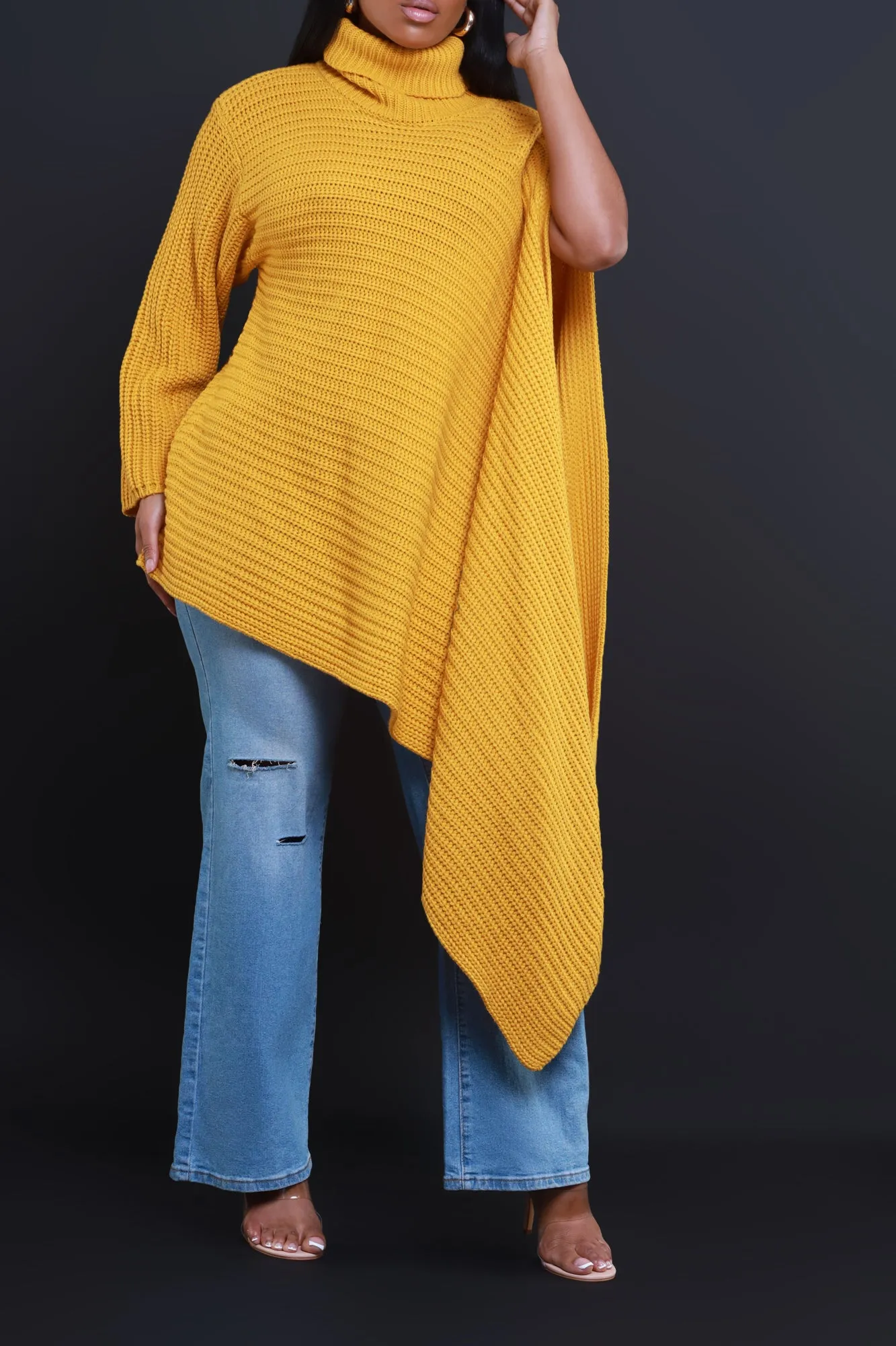 Asymmetrical Knit Sweater Yellow Mustard