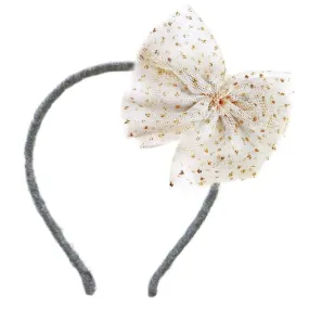 baby Glinda Bow Gray Yarn Headband Ivory Gold