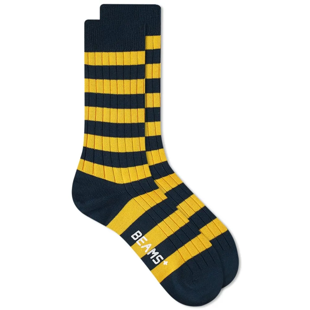 Beams Plus Rib Stripe SockNavy & Mary Gold