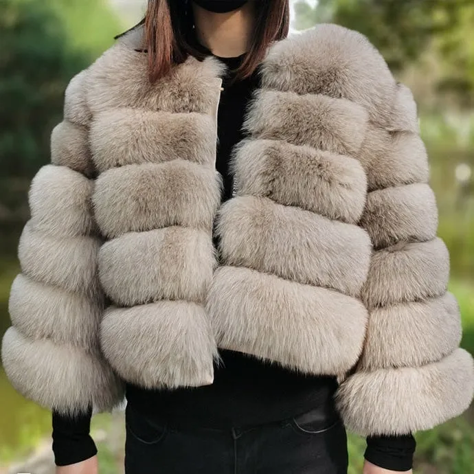 Beige Fur Jacket for Women - High Street Winter Fashion with Natural Fox and Raccoon Fur