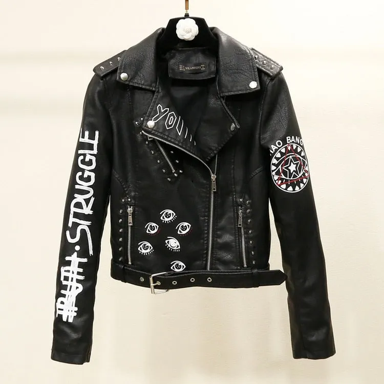 Biker Jacket for Women with Rivets and Printed Letters in Faux Leather