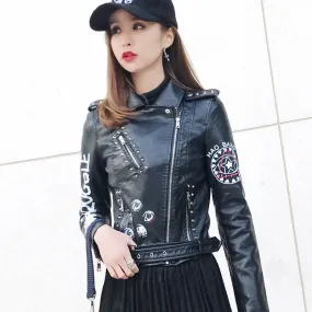 Biker Jacket for Women with Rivets and Printed Letters in Faux Leather