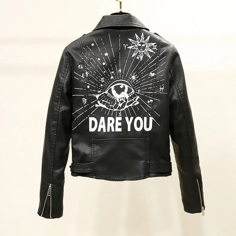 Biker Jacket for Women with Rivets and Printed Letters in Faux Leather