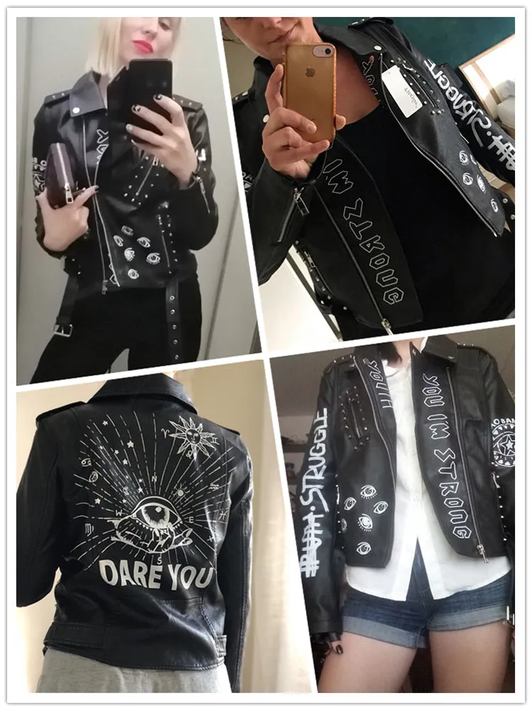 Biker Jacket for Women with Rivets and Printed Letters in Faux Leather