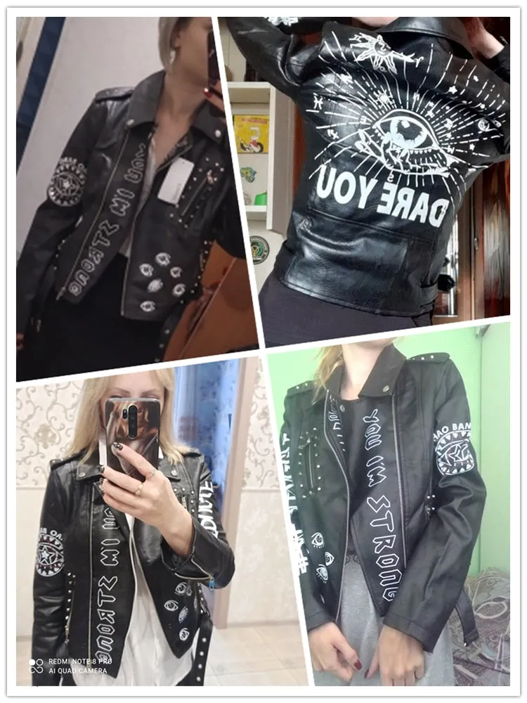 Biker Jacket for Women with Rivets and Printed Letters in Faux Leather