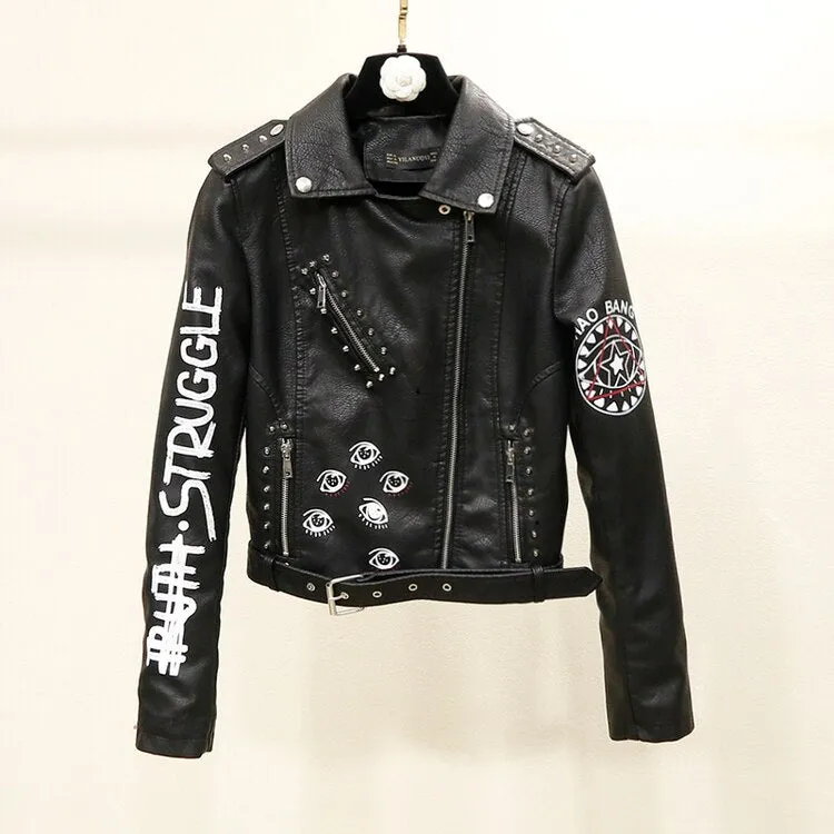 Biker Jacket for Women with Rivets and Printed Letters in Faux Leather