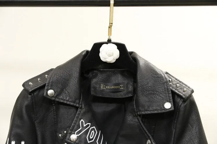 Biker Jacket for Women with Rivets and Printed Letters in Faux Leather