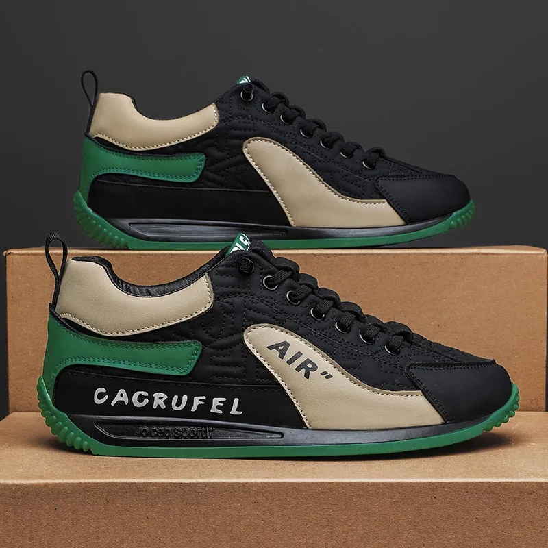 Black Green Men's Casual Walking Shoes with Thick Soles and Lace-Up Design