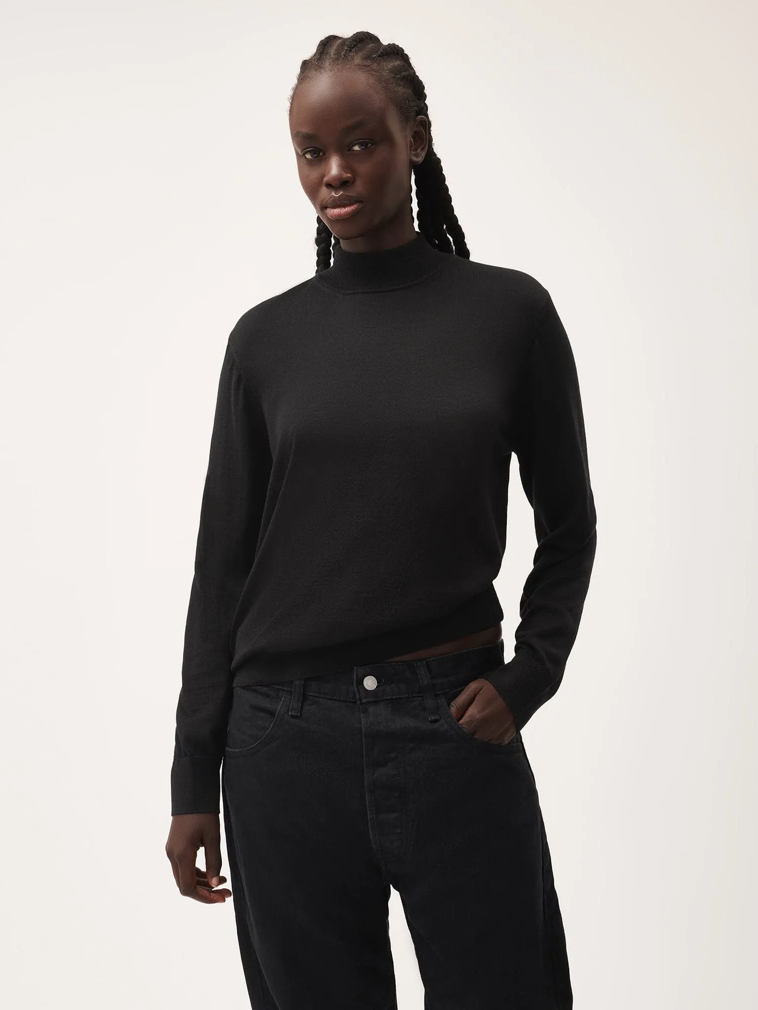 Black Merino Wool Turtleneck Sweater for Women