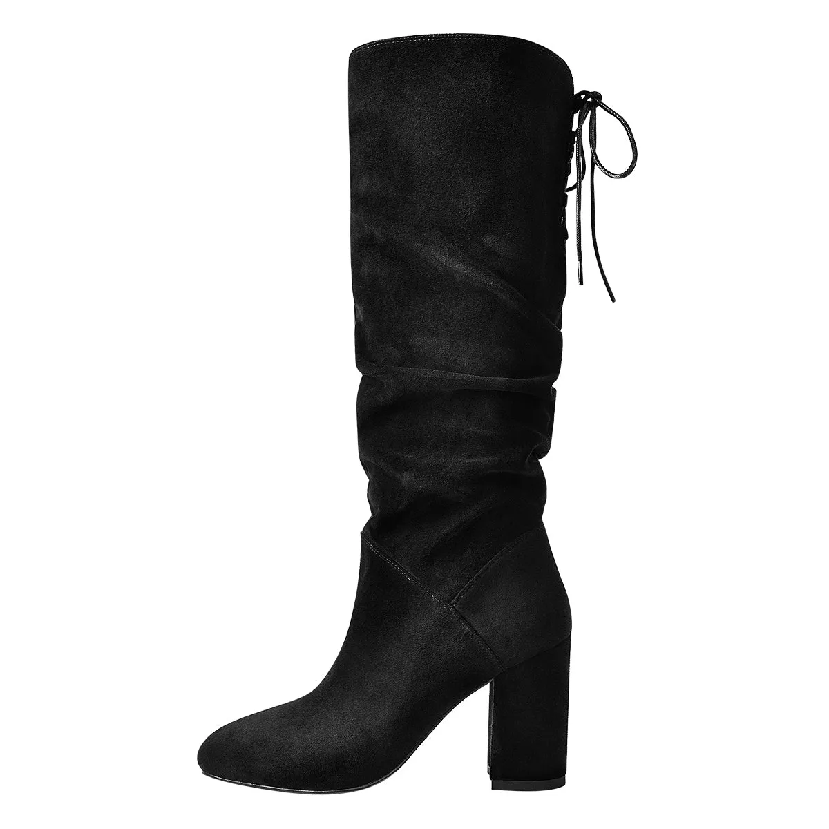 Black Suede Chunky Heel Boots with Round Toe