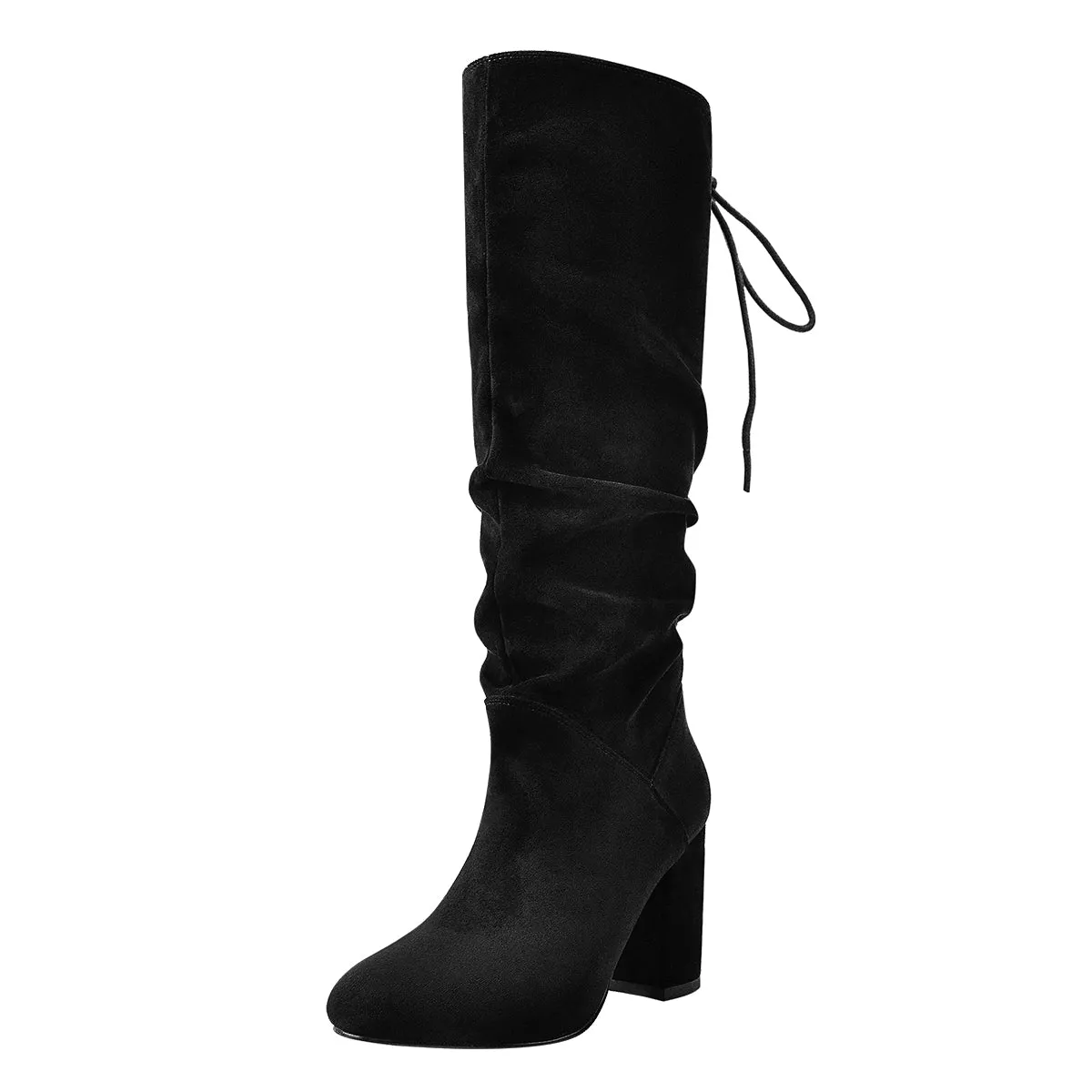 Black Suede Chunky Heel Boots with Round Toe