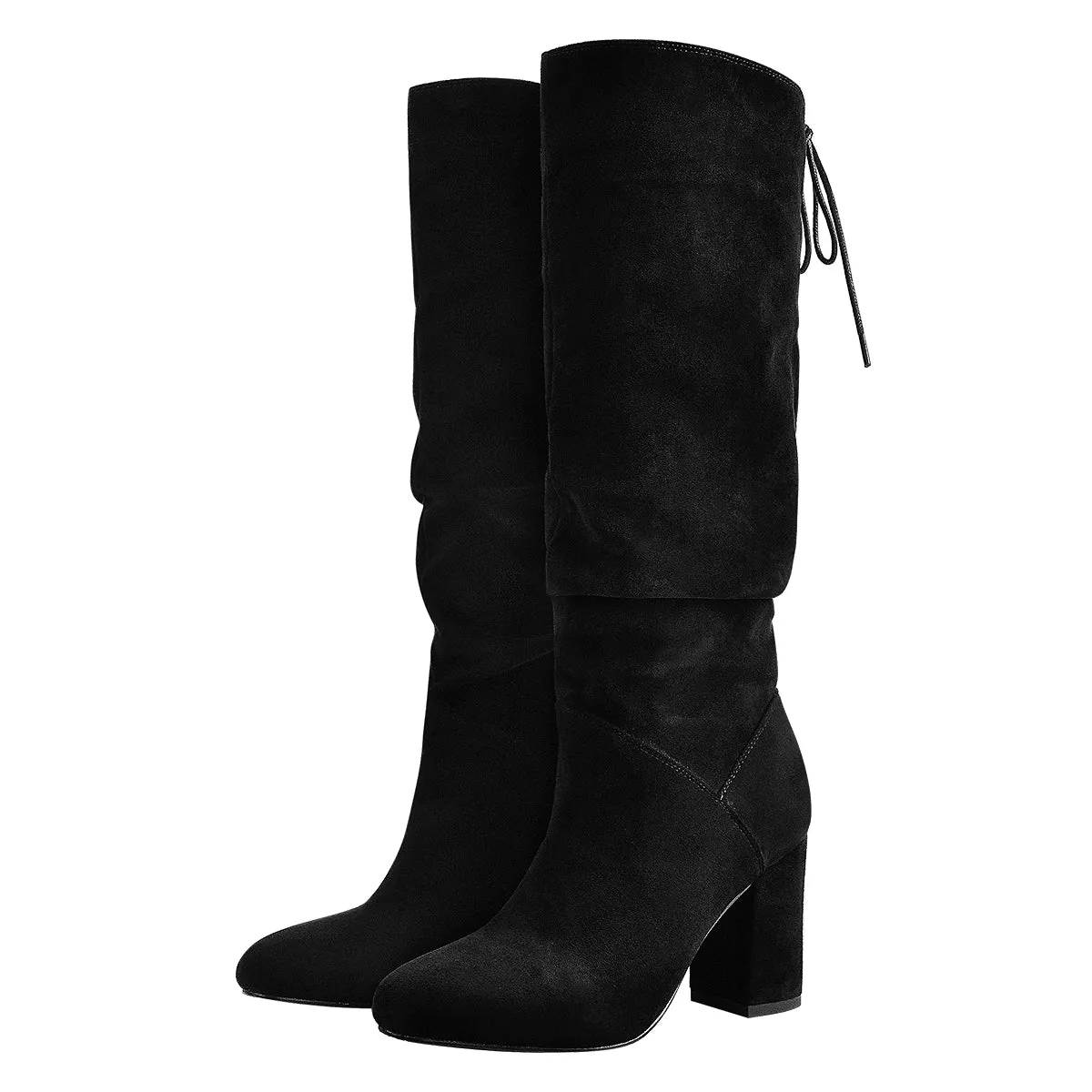 Black Suede Chunky Heel Boots with Round Toe