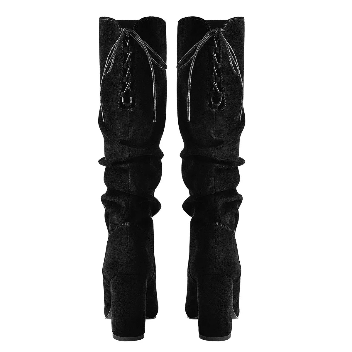 Black Suede Chunky Heel Boots with Round Toe