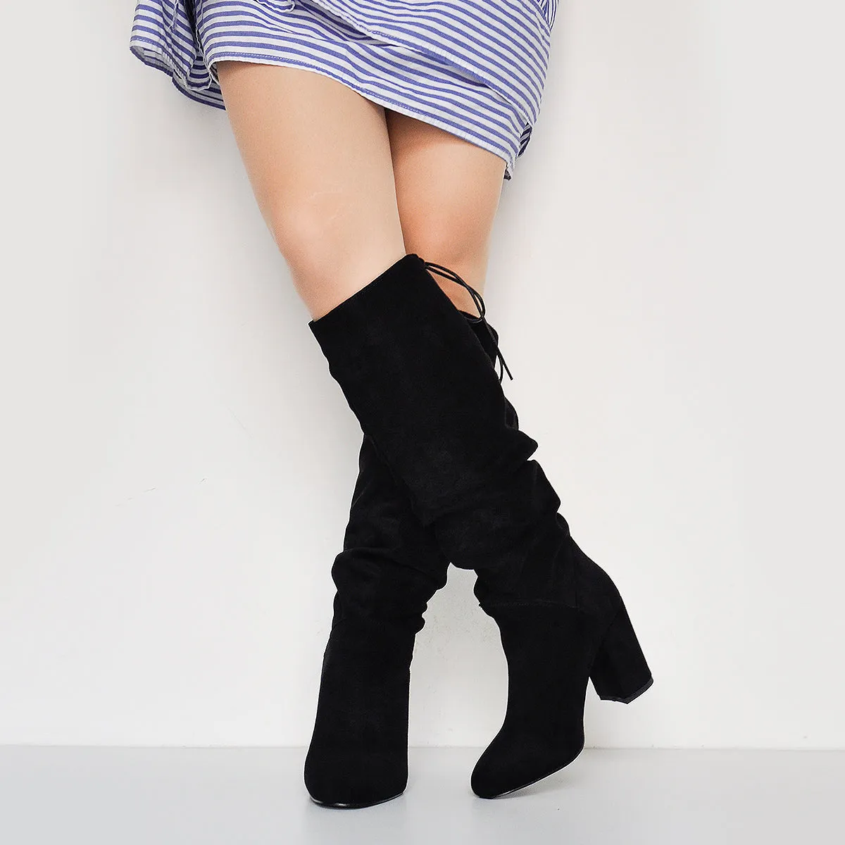 Black Suede Chunky Heel Boots with Round Toe