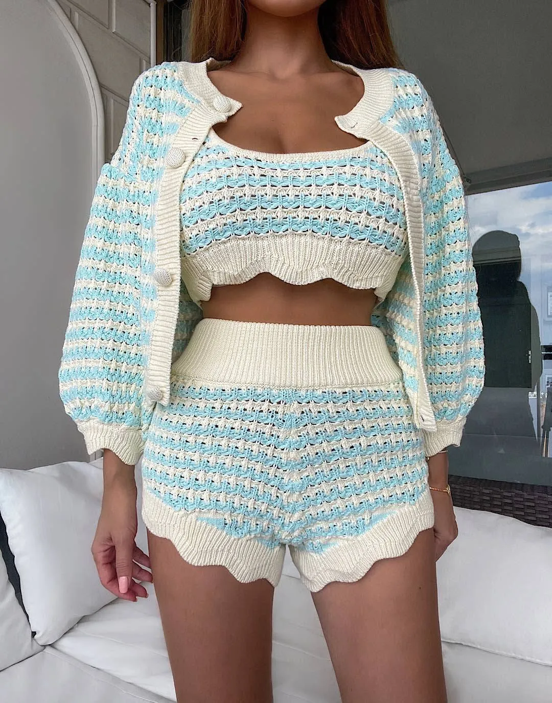 Blue Stripe Knit Cardigan Shorts Set