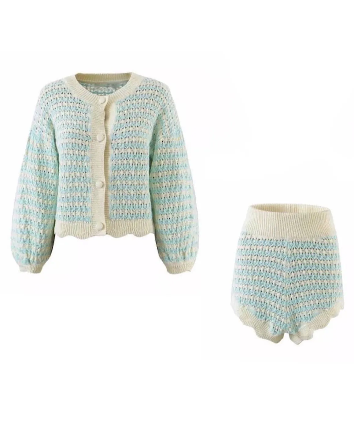 Blue Stripe Knit Cardigan Shorts Set