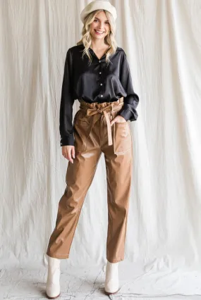 Camel Faux Leather Waist Tie Pants.