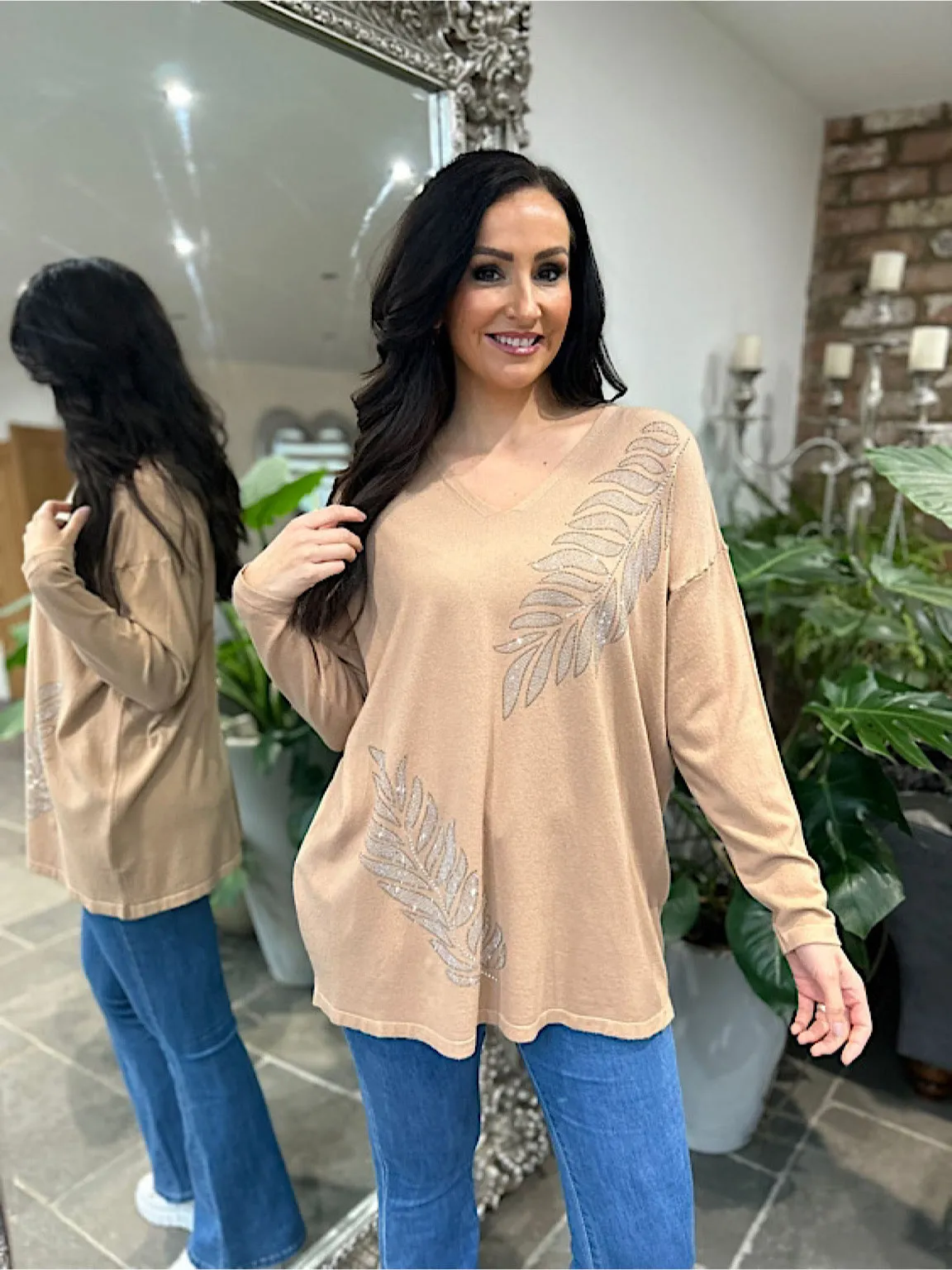 Camel Knit Sweater with Diamante Leaf Detail - Frankie