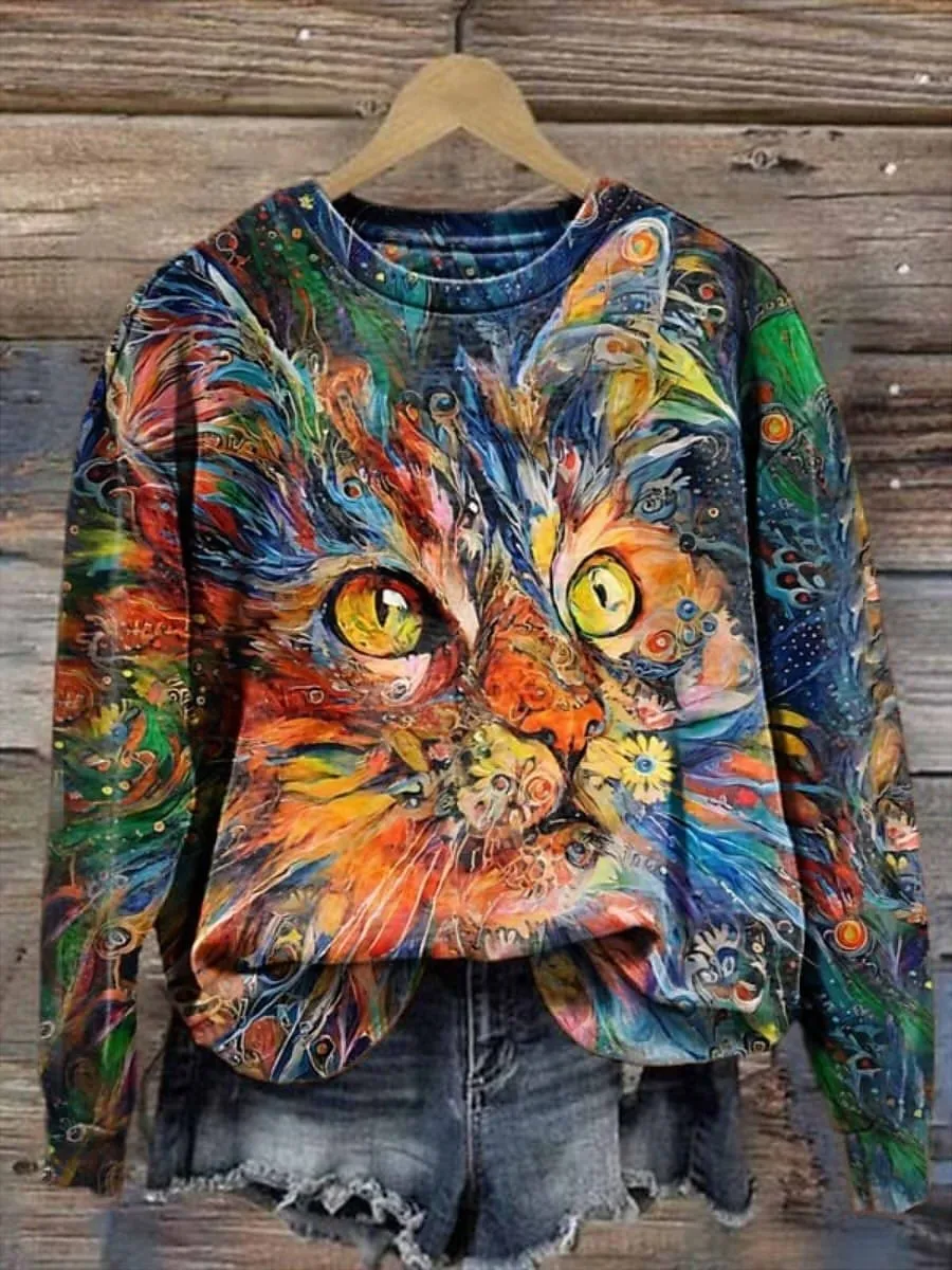 Cat Print Orange Sweatshirt for Women's Fall & Winter