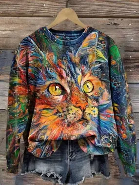 Cat Print Orange Sweatshirt for Women's Fall & Winter