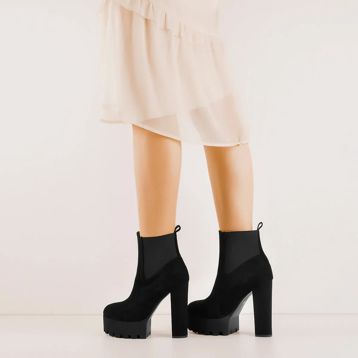 Chunky high heel black suede ankle boots