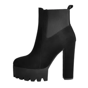 Chunky high heel black suede ankle boots