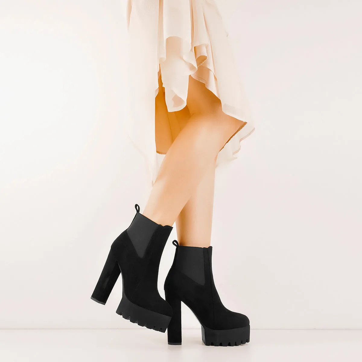 Chunky high heel black suede ankle boots