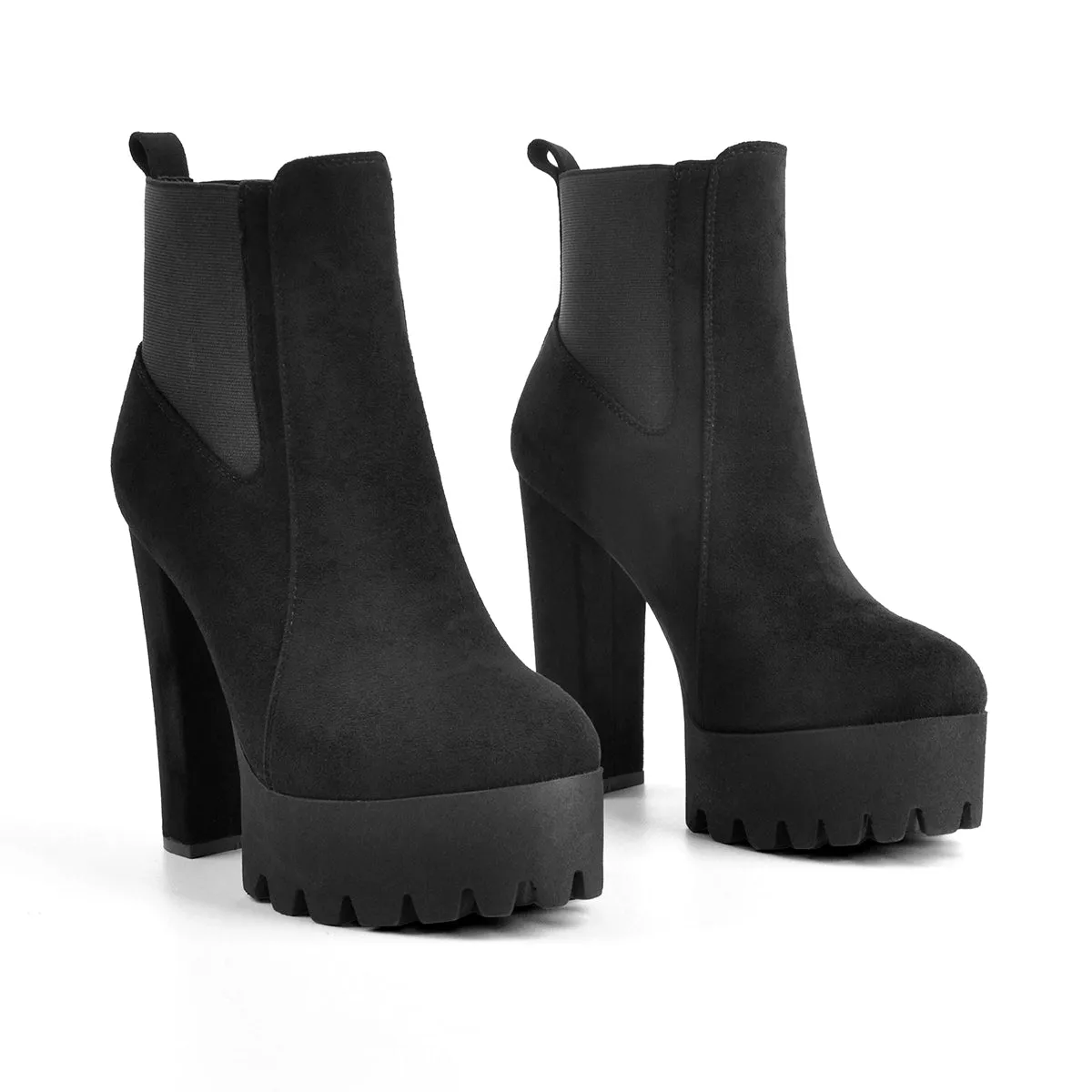 Chunky high heel black suede ankle boots