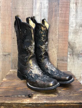 Corral Stud-Embellished Western Boots in Black and Bronze.