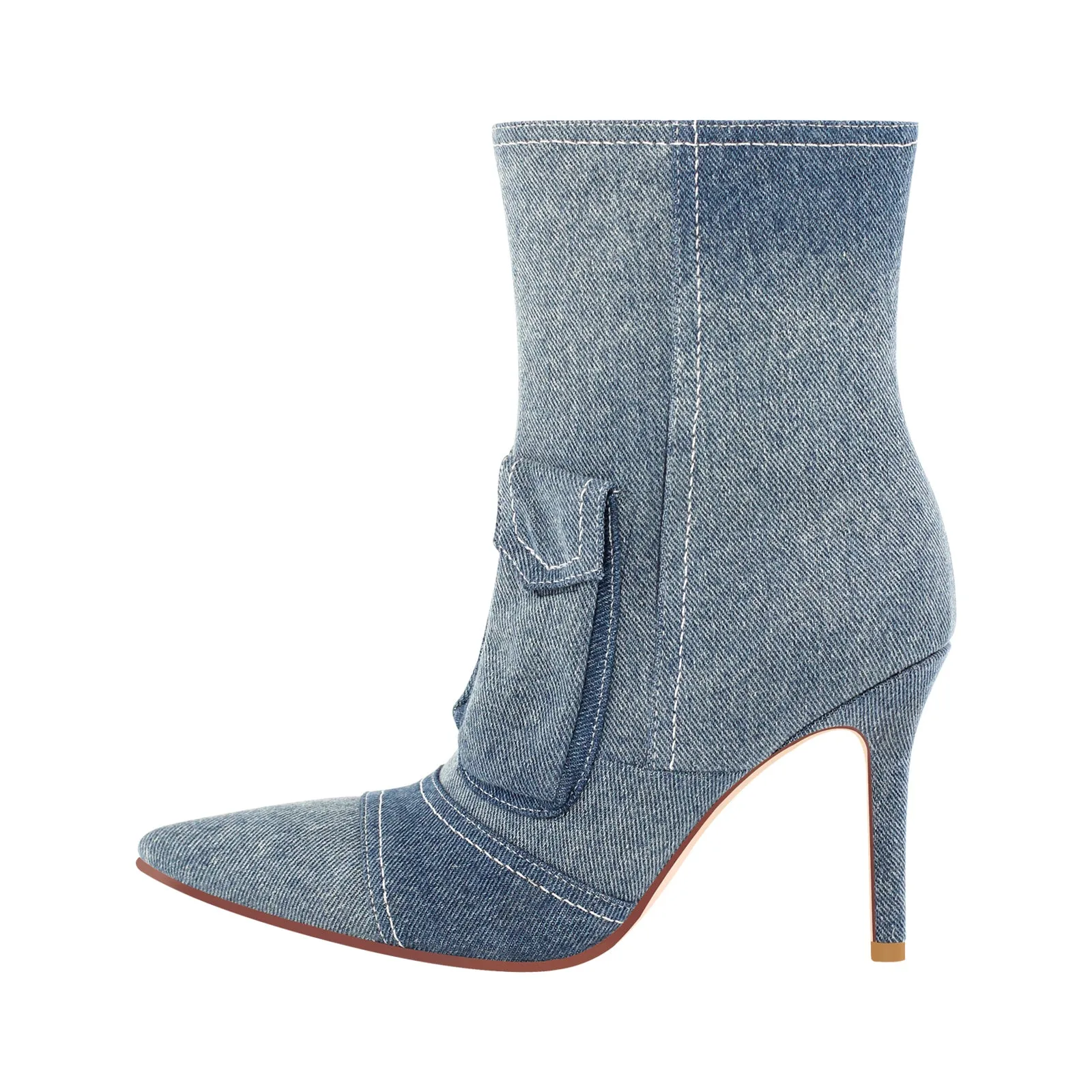 Denim Pointed Toe Zipper High Heel Ankle Boots