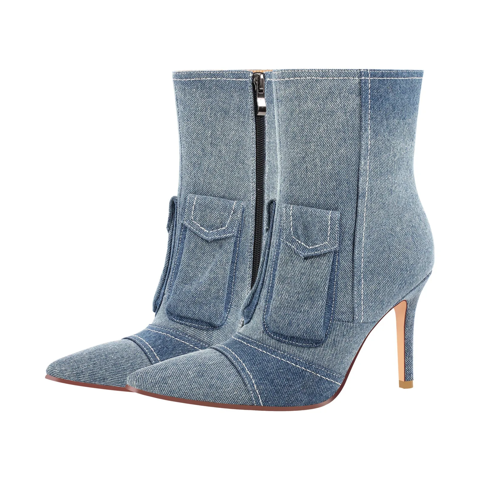 Denim Pointed Toe Zipper High Heel Ankle Boots