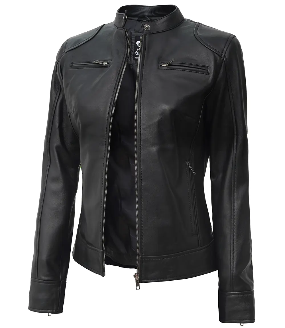 Dodge Black Women's Petite Leather Biker Jacket