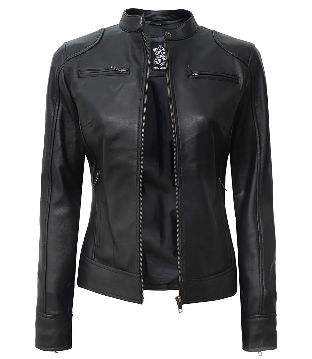 Dodge Black Women's Petite Leather Biker Jacket