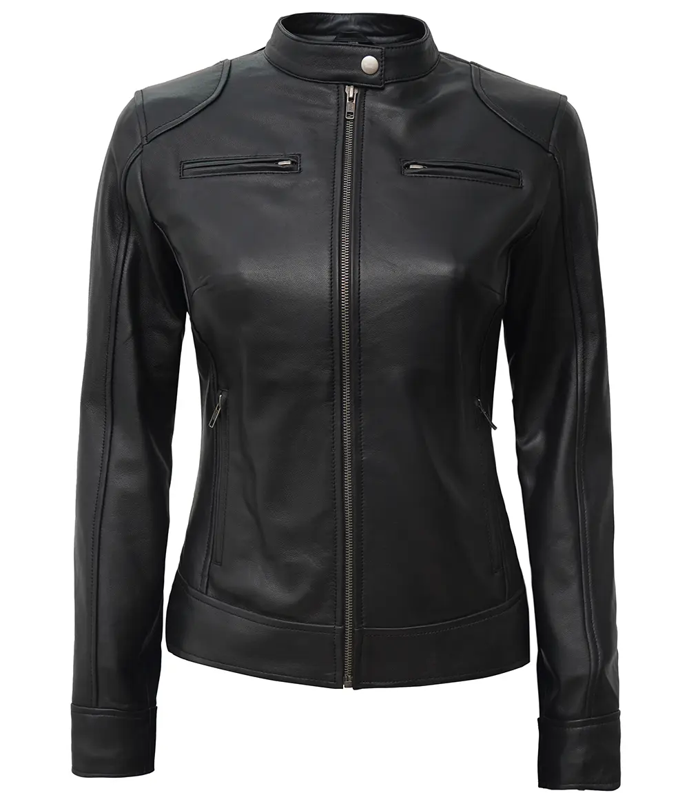 Dodge Black Women's Petite Leather Biker Jacket