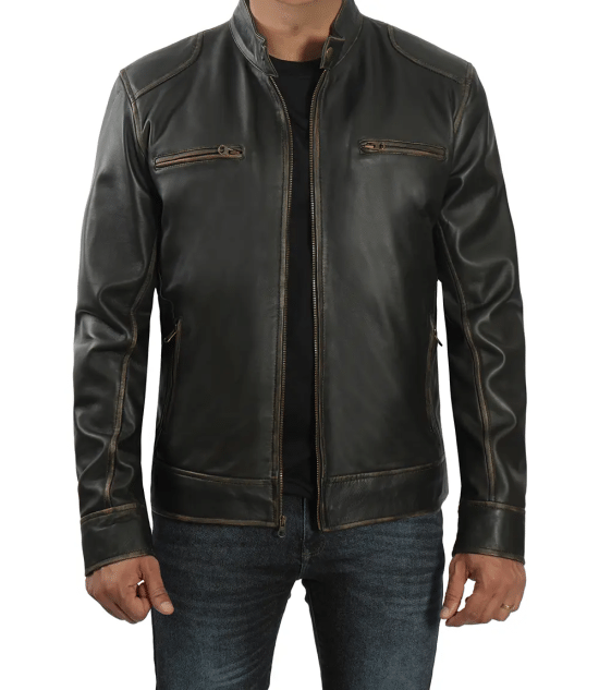 Dodge Tall Men's Rub-off Dark Brown Cafe Racer Leather Jacket