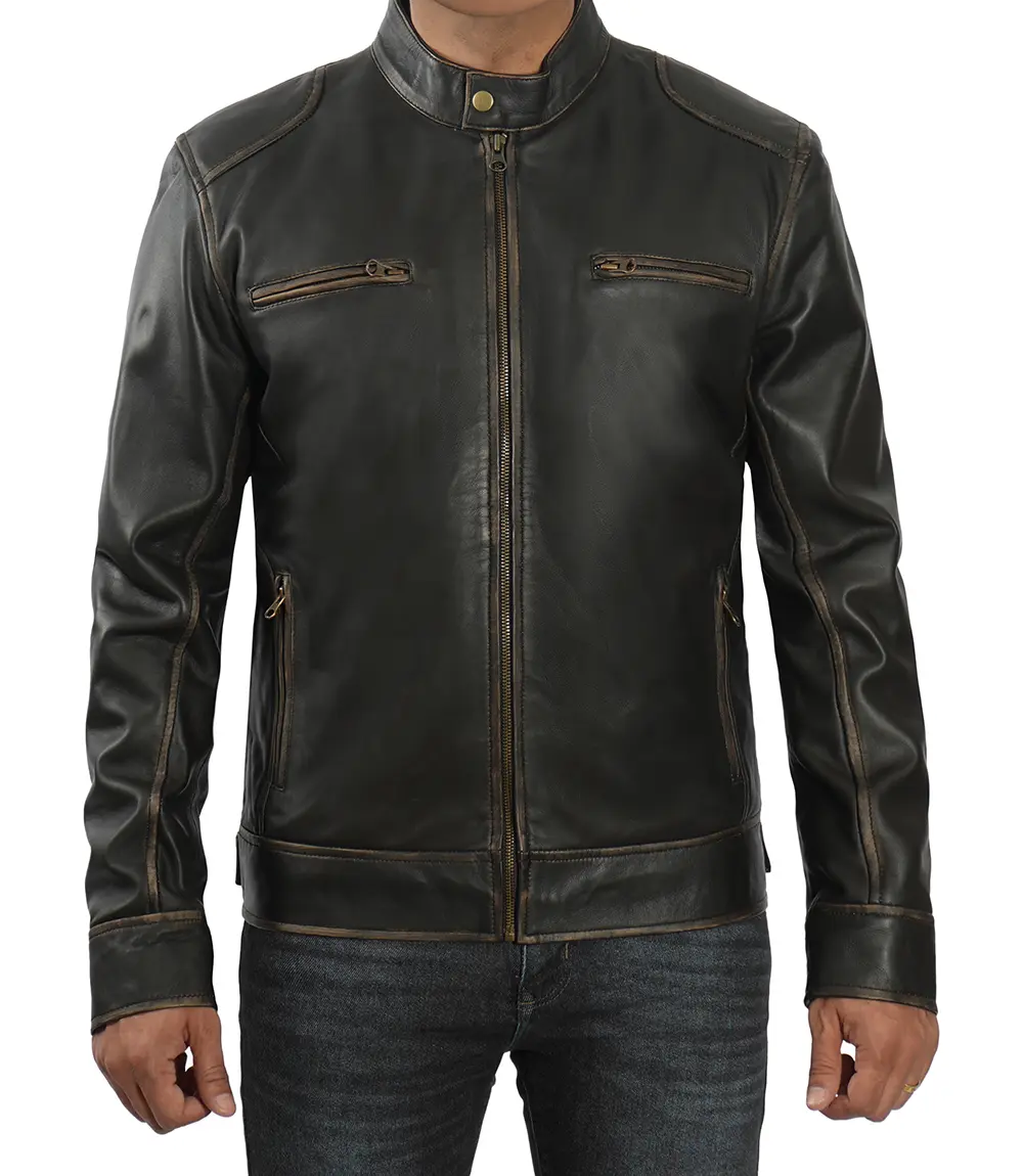 Dodge Tall Men's Rub-off Dark Brown Cafe Racer Leather Jacket