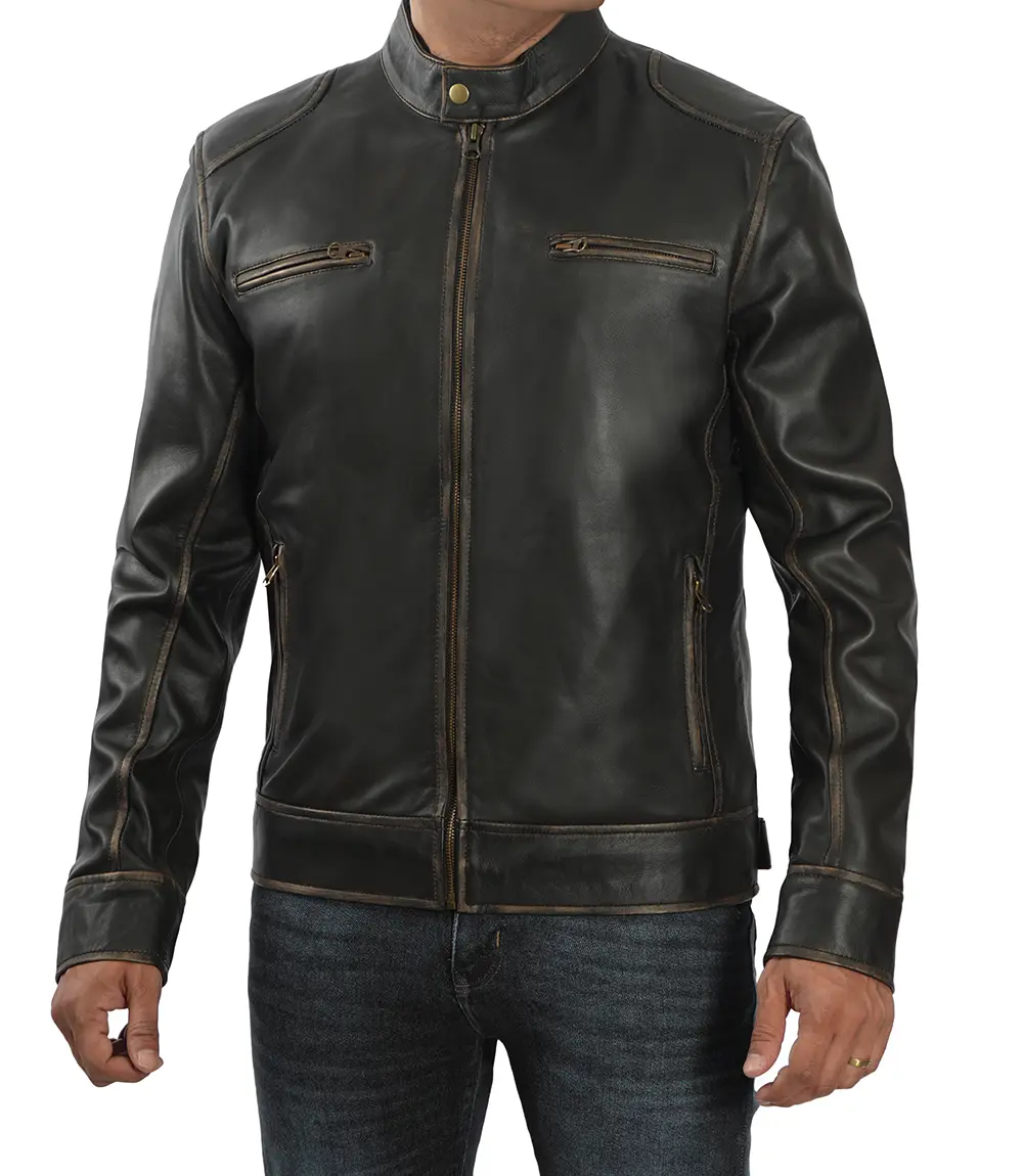 Dodge Tall Men's Rub-off Dark Brown Cafe Racer Leather Jacket