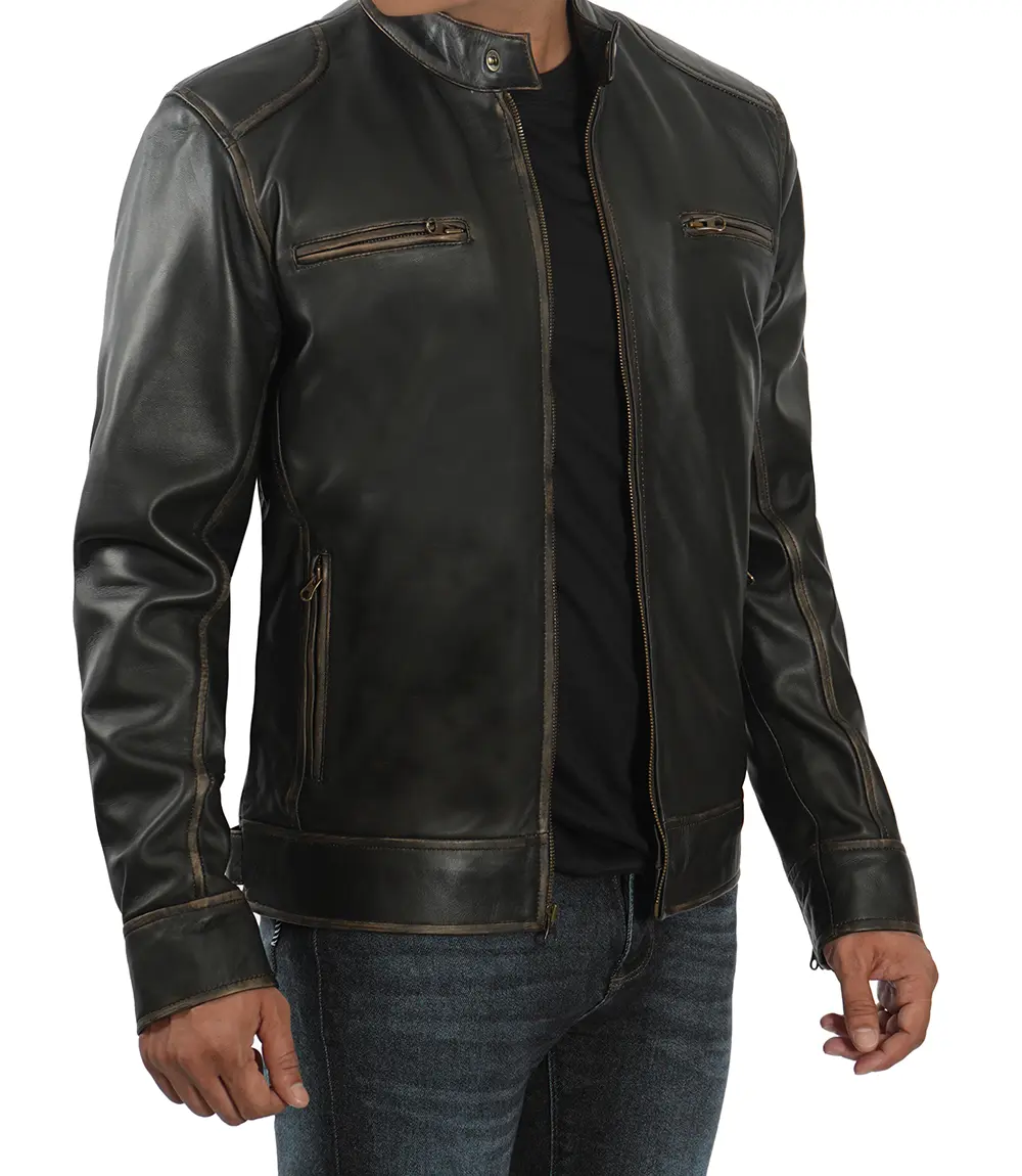 Dodge Tall Men's Rub-off Dark Brown Cafe Racer Leather Jacket