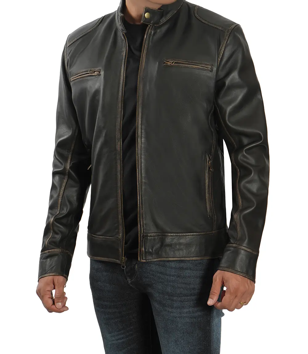 Dodge Tall Men's Rub-off Dark Brown Cafe Racer Leather Jacket