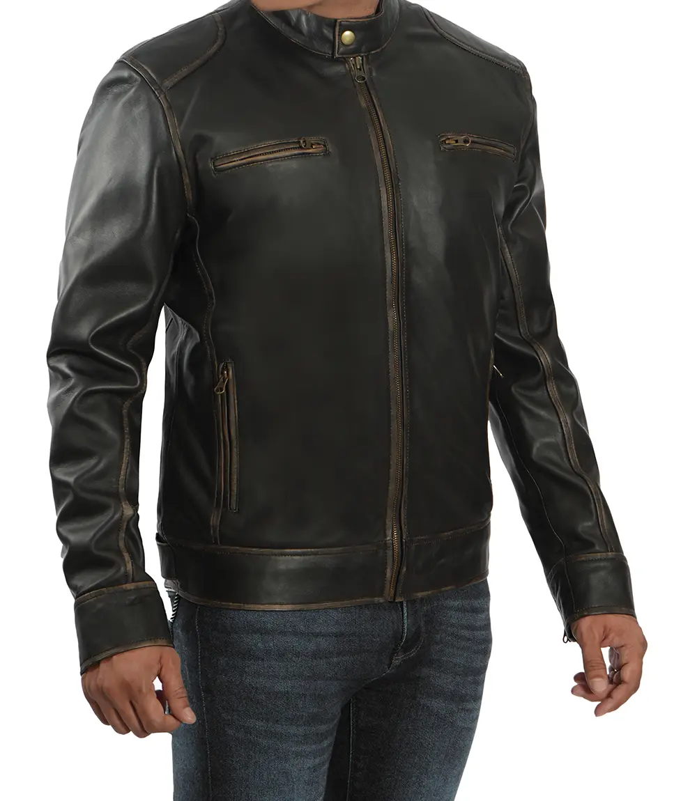 Dodge Tall Men's Rub-off Dark Brown Cafe Racer Leather Jacket