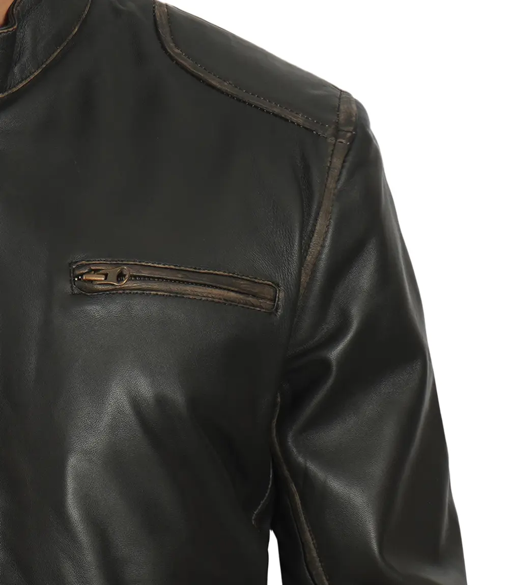 Dodge Tall Men's Rub-off Dark Brown Cafe Racer Leather Jacket