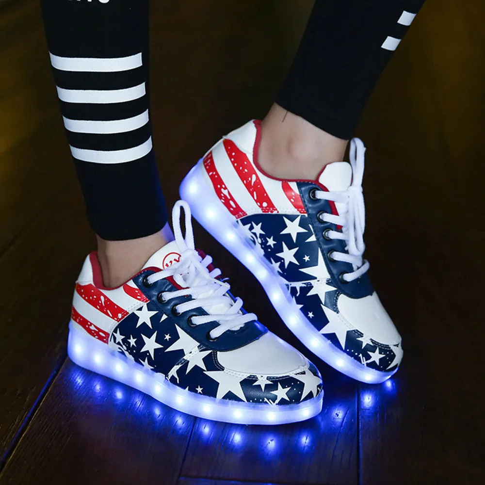 DoGeek LED Light Up Shoes - US Flag Design, Unisex - Sizes 35 EU to 46 EU - Choose Half Size Bigger